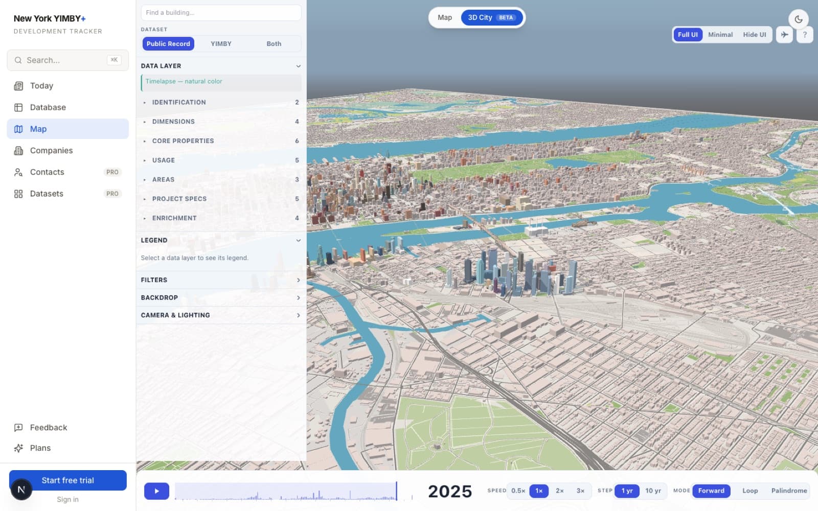 The 3D city set to 2025, inside the product — building search, data layers, filters, and the year scrubber.