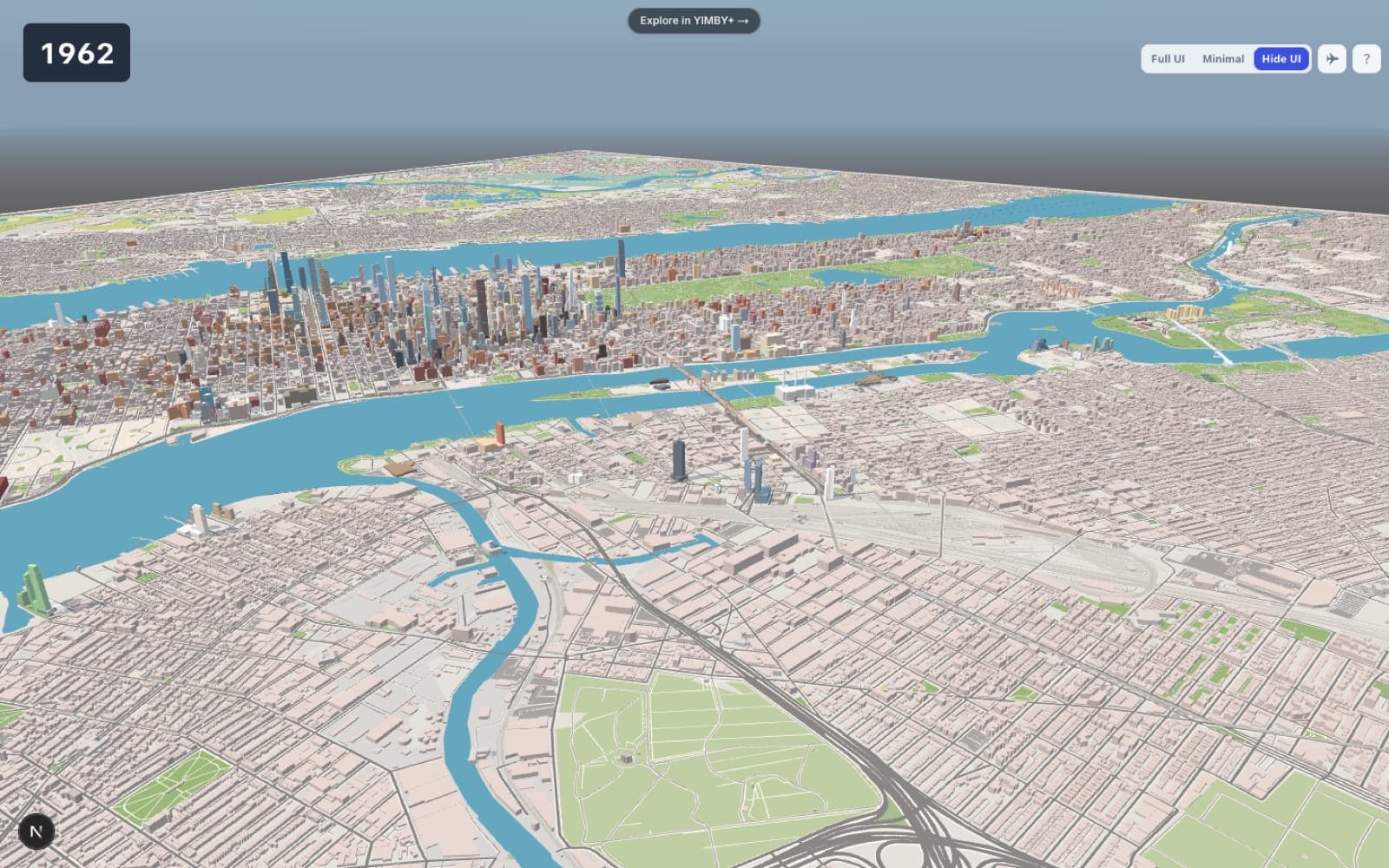 The 3D city set to 1962 — Manhattan's mid-century skyline rebuilt building by building, seen from high above Brooklyn.