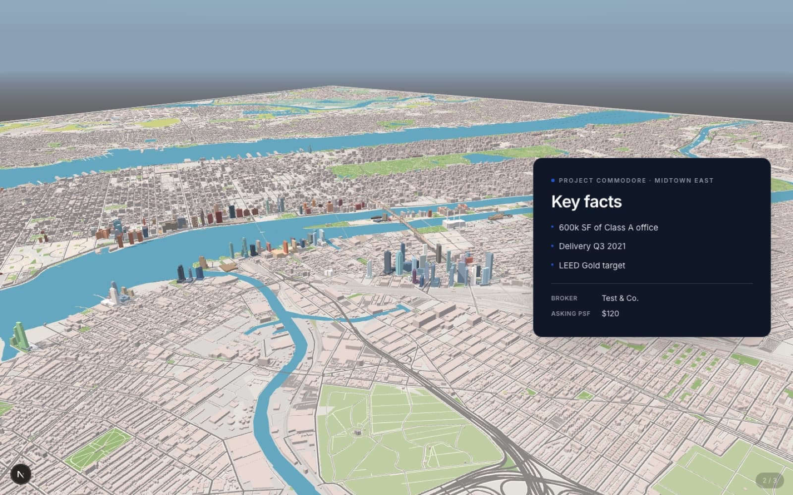A presentation slide on the 3D city: a dark key-facts panel with bullets plus broker and asking-PSF fields, over a live view of Midtown.